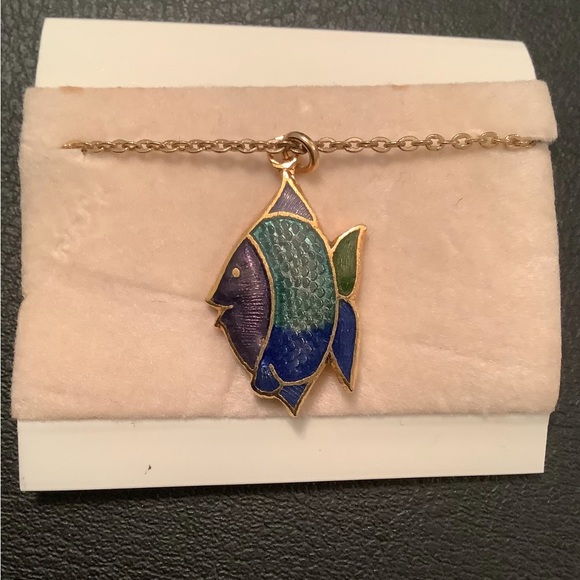 NEW Cloisonné Angelfish necklace blue purple gold - Picture 3 of 5